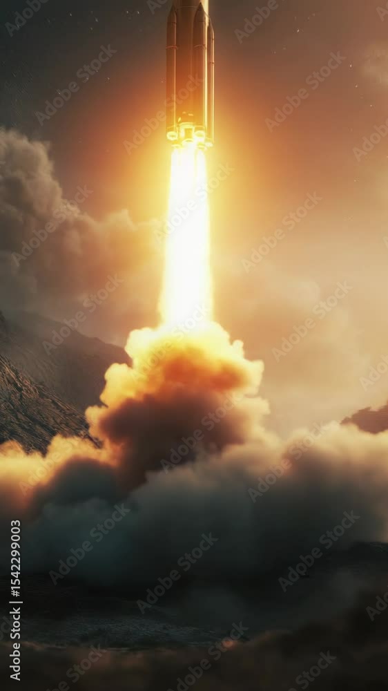 Poster A rocket blasting off into the atmosphere with a distant mountain range in the background