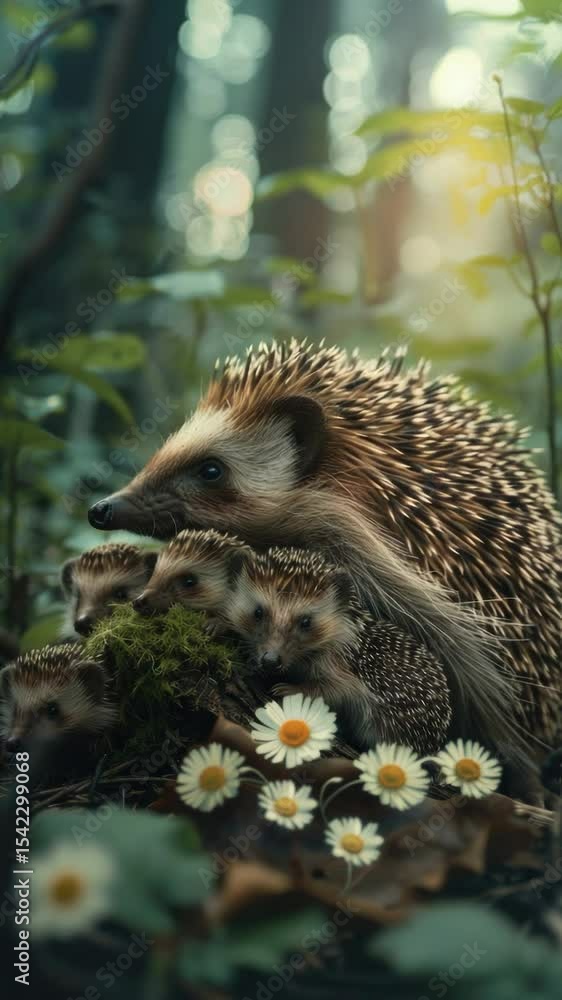 Poster two small hedgehogs standing together in a dense forest, surrounded by trees and underbrush