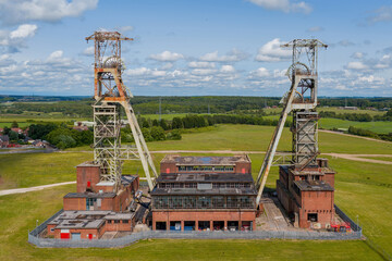 Coal mining headstocks in Clipstone, Nottinghamshire. Relics of the coal mining and industrial era. Miners strike and coal mining for fossil fuels. 