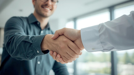 Two happy diverse professional business men executive leaders shaking hands at office meeting. Smiling businessman standing greeting partner with handshake. Leadership, trust, partnership concept