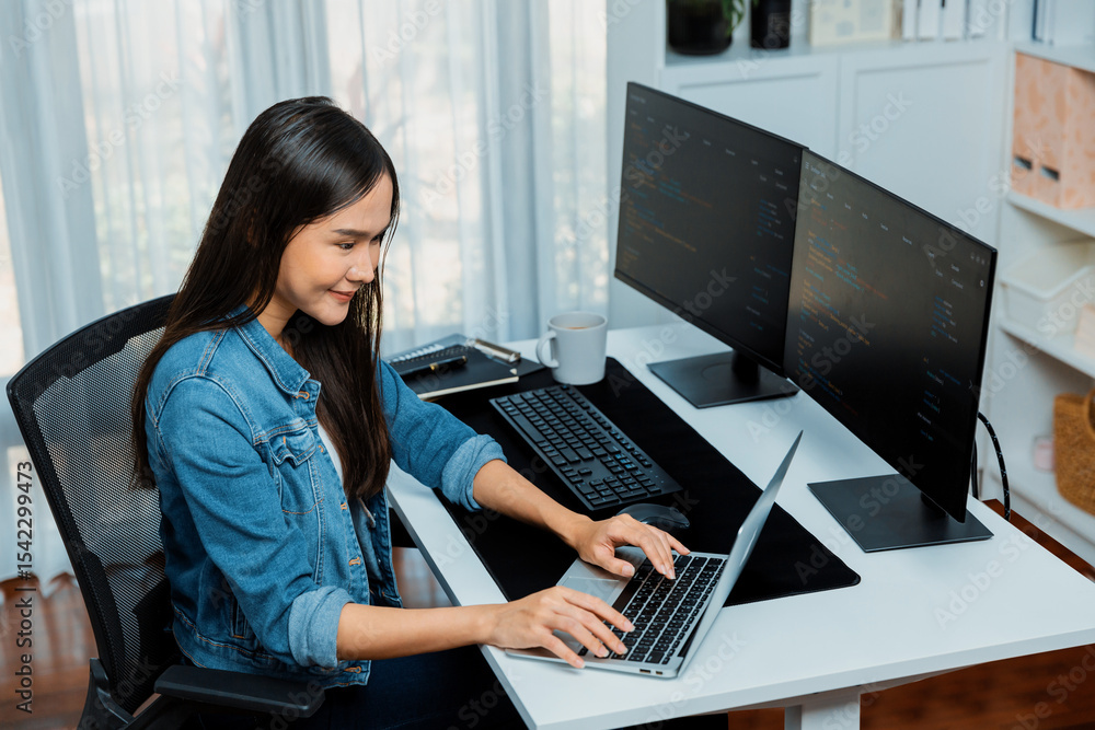 Poster smiling young asian in it developer creating with typing online information on laptop with coding pr