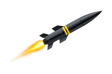 Sleek black rocket with yellow stripes and fiery exhaust, soaring through space. dynamic motion and vibrant colors convey sense of speed and adventure