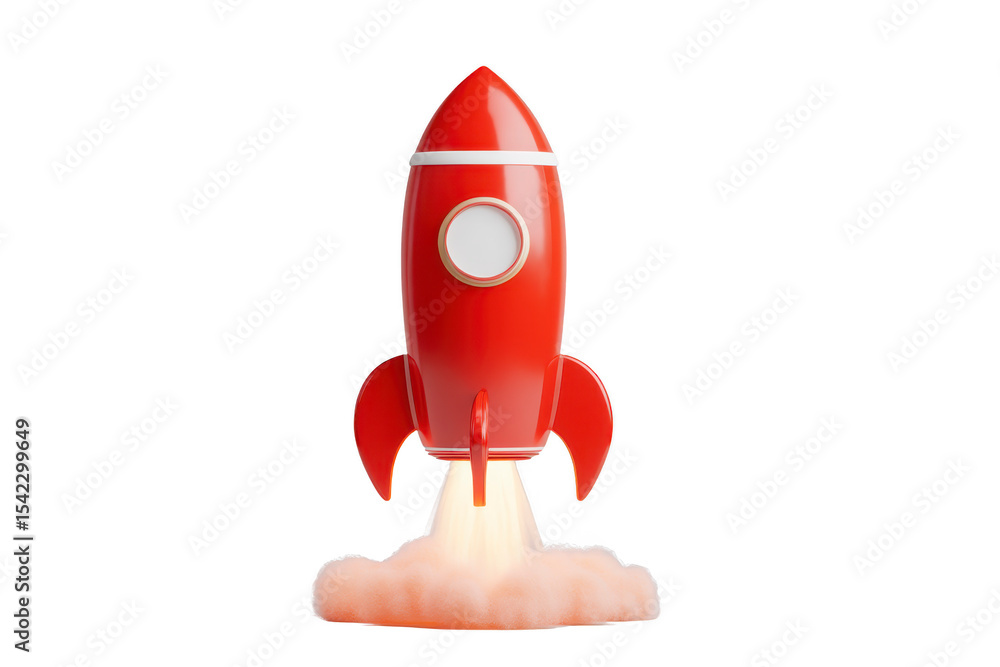 Poster red toy rocket with white stripe and circular window is launching with cloud of smoke beneath it, sy