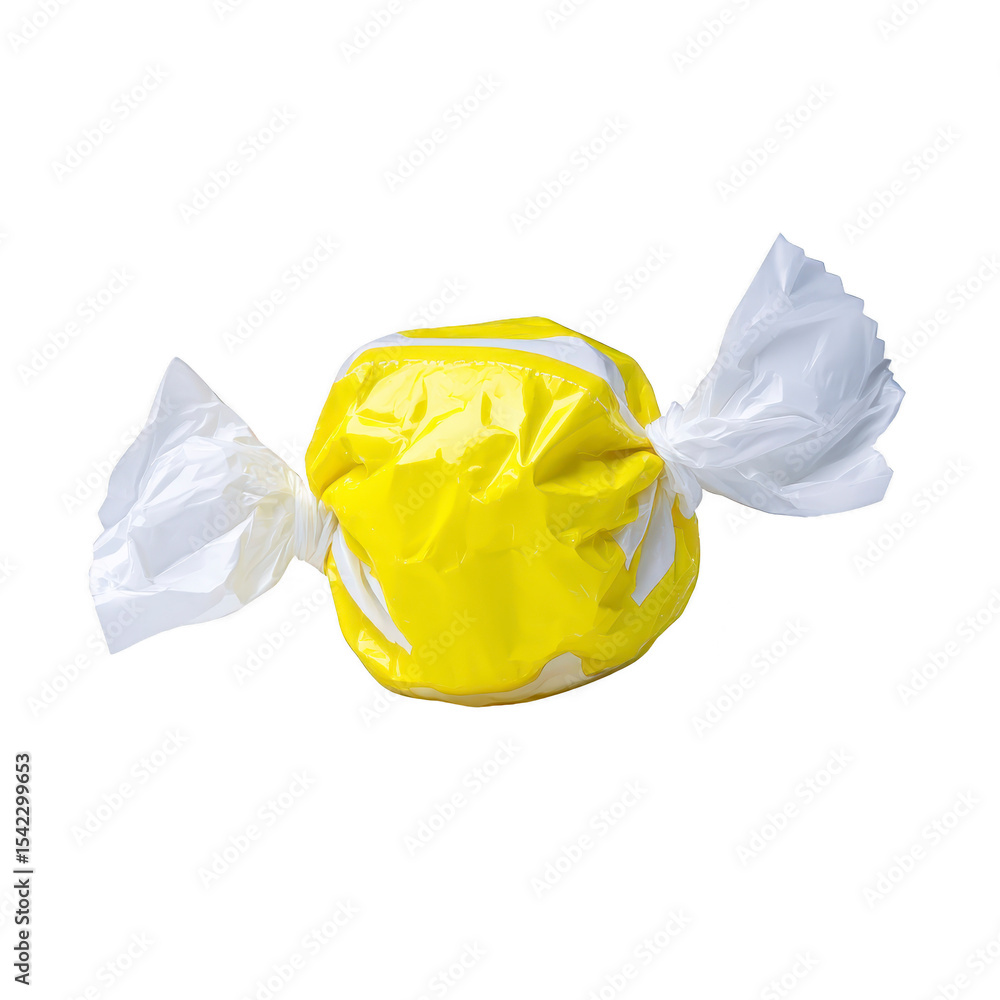 Poster bright yellow candy wrapped in shiny plastic with twisted ends, creating cheerful and inviting appea