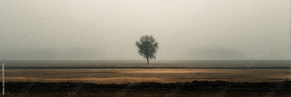 Poster fog envelops a solitary tree in a vast empty landscape, evoking a sense of calmness and contemplatio