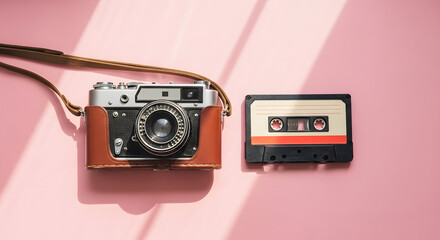 Fototapeta premium Flat-lay vintage camera and cassette tape on pastel background – retro aesthetics & nostalgia.
