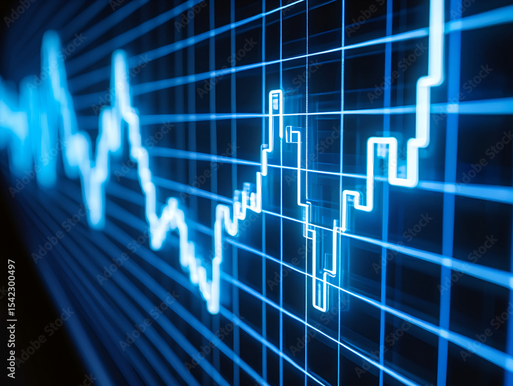 Poster glowing blue line graph on a grid representing financial data and market fluctuations on a dark back