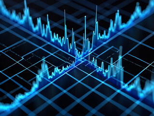 Naklejka premium Abstract blue graph lines on a black grid background showing data analysis and visualization concept