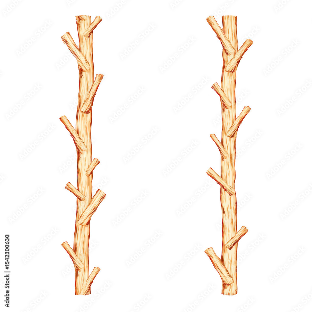 Poster two vertical wooden branches with multiple offshoots are depicted against plain background, showcasi