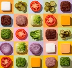 Fresh organic food template with Burger, vegetables, cheese and salad Ingredients.