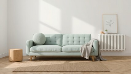 Light green sofa in minimalist living room with wooden accents and natural light