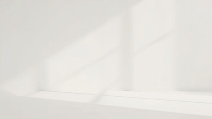 Minimalist white background with subtle window light shadows and a shelf