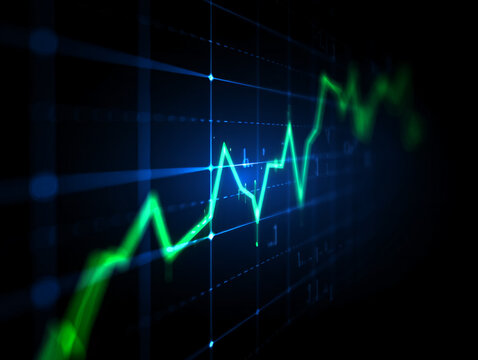 A bright green line graph showing an upward trend on a blue grid against a dark background illustration