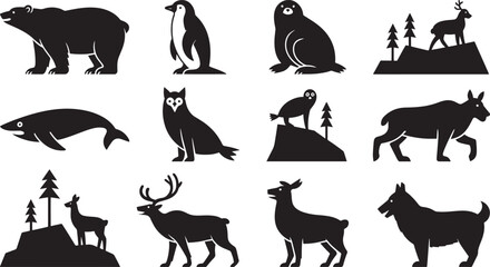 Ten Black Silhouettes of Arctic and Boreal Animals Vector Graphic Set Polar Bear Penguin Seal Deer Whale Owl
