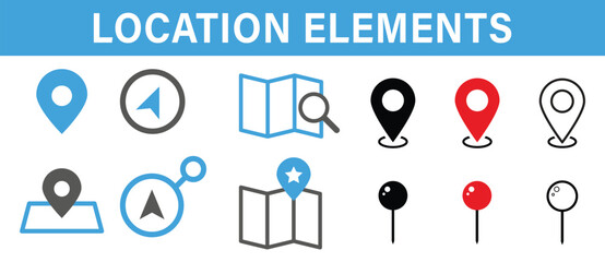 Flat Vector Location Pin Icons, Minimal Map Markers for Navigation, Direction, and GPS, Location Elements Vector Isolated on white background