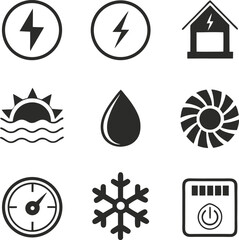 energy, electricity, power, sun, water, nature, weather, climate, temperature, thermometer, snowflake, icon, symbol, simple, minimalist, black and white
