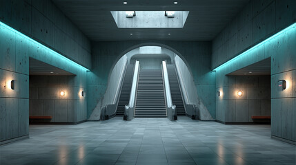 Symmetrical front view of an empty upward escalator in a subway station, hyper-realistic, metallic steps, wall lights, clean architectural design