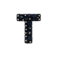 Steampunk inspired letter T design featuring gears and metallic elements, creating mechanical and industrial aesthetic. intricate details and dark tones add vintage feel