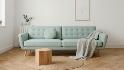 Obraz premium Modern living room interior design with light green sofa wooden coffee table and neutral decor