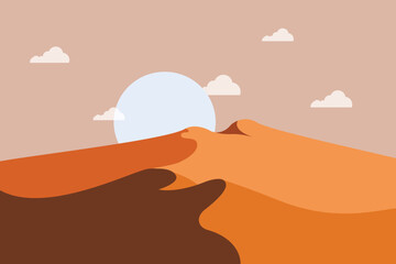Desert Landscape Vector Illustration, Sand Dunes Sunset, Serene Wild Desert Scene