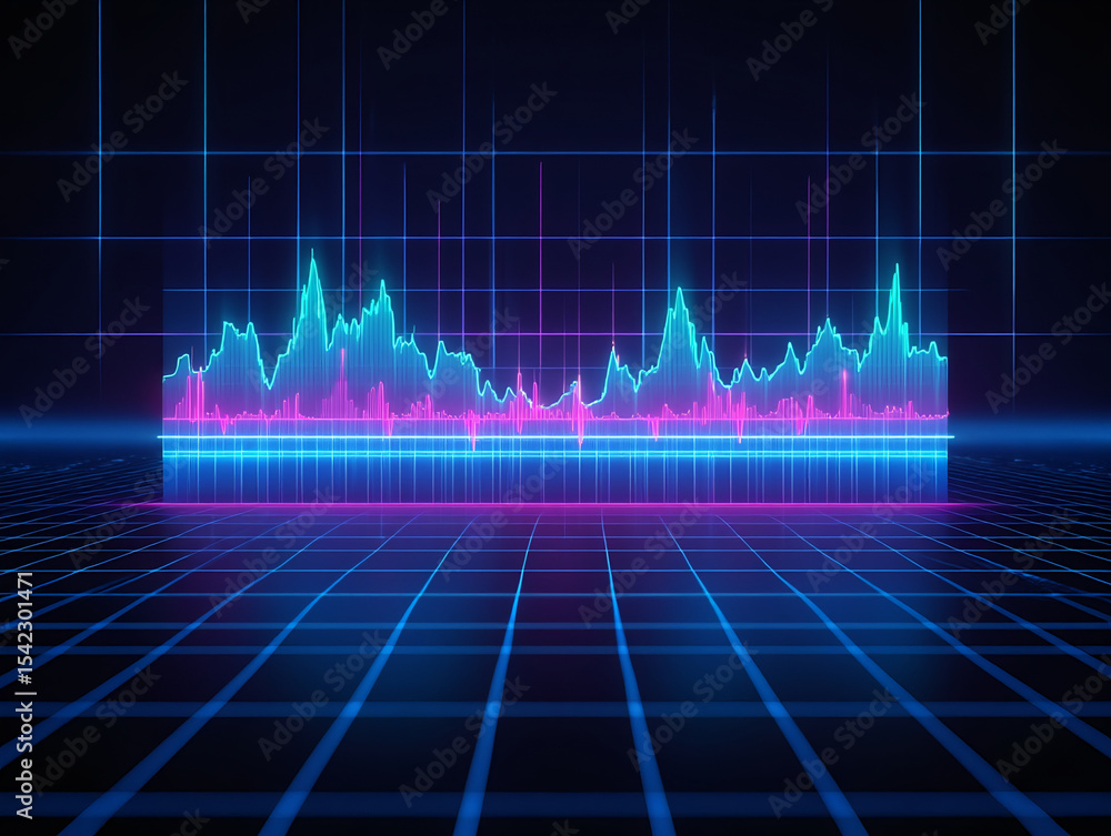 Poster neon waveform display on a grid with blue and pink hues against a dark background creating a futuris