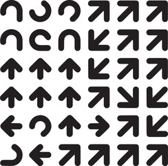 Collection of bold black arrows and curved shapes with modern minimalist design in grid format