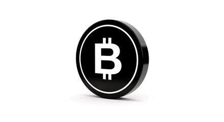 A black bitcoin coin with white outline and b symbol on a white background surface