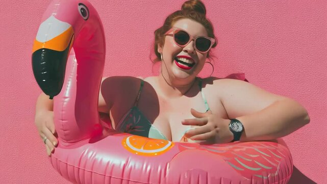 Plus size woman smiling with pink inflatable flamingo. Summer vacation background