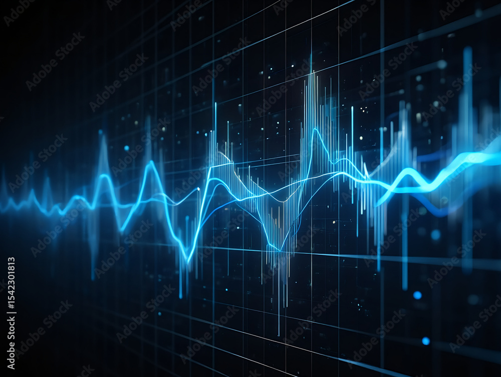 Poster a digital representation of an audio waveform in blue over a dark grid background with glowing accen