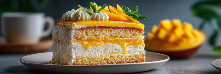 Mango Cream Cake Slice on Ceramic Plate with Glossy Glaze and Fresh Mango Curls
