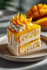 Mango Cream Cake Slice on Ceramic Plate with Glossy Glaze and Fresh Mango Curls
