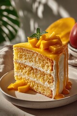 Mango Cream Cake Slice on Ceramic Plate with Glossy Glaze and Fresh Mango Curls