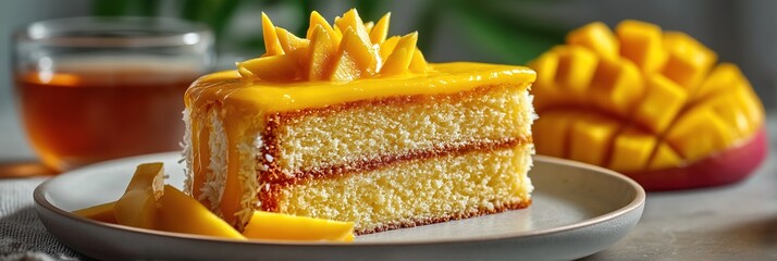 Mango Cream Cake Slice on Ceramic Plate with Glossy Glaze and Fresh Mango Curls