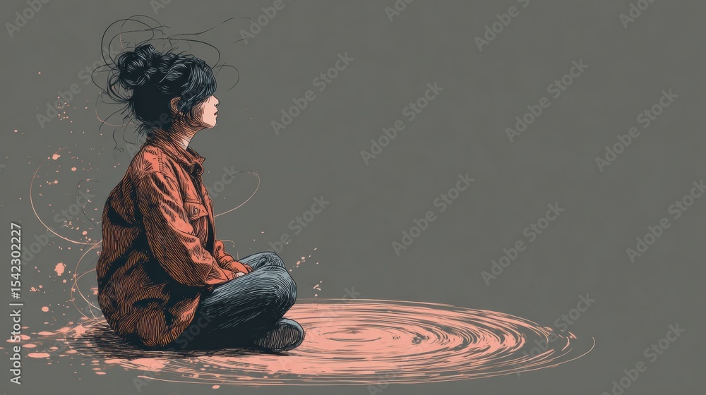 Poster exploring grounding techniques for anxiety through a tranquil sitting posture in a calming environme