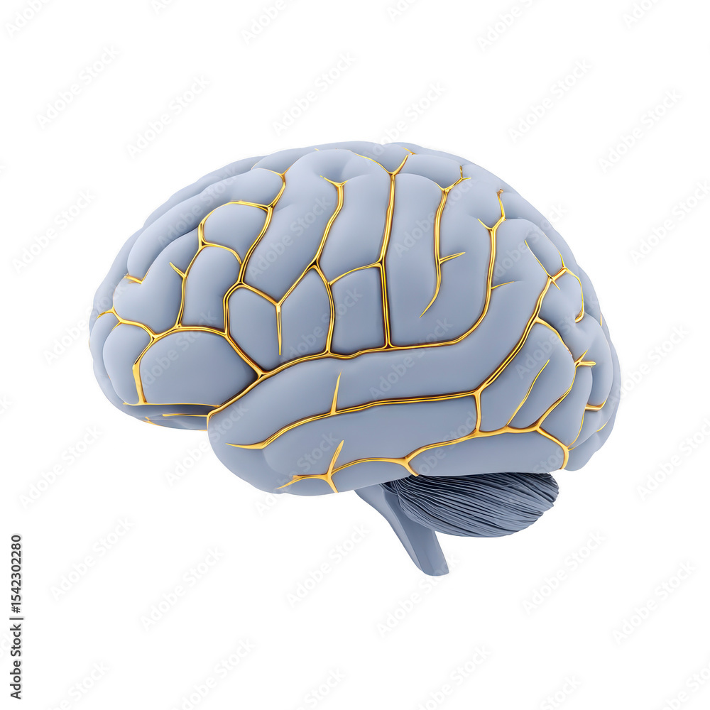 Poster detailed 3d rendering of human brain with highlighted neural pathways, showcasing intricate structur