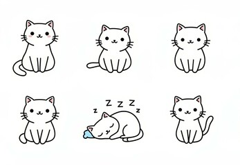 Obraz premium Cute cartoon cats in various poses with sleeping kitten illustration 