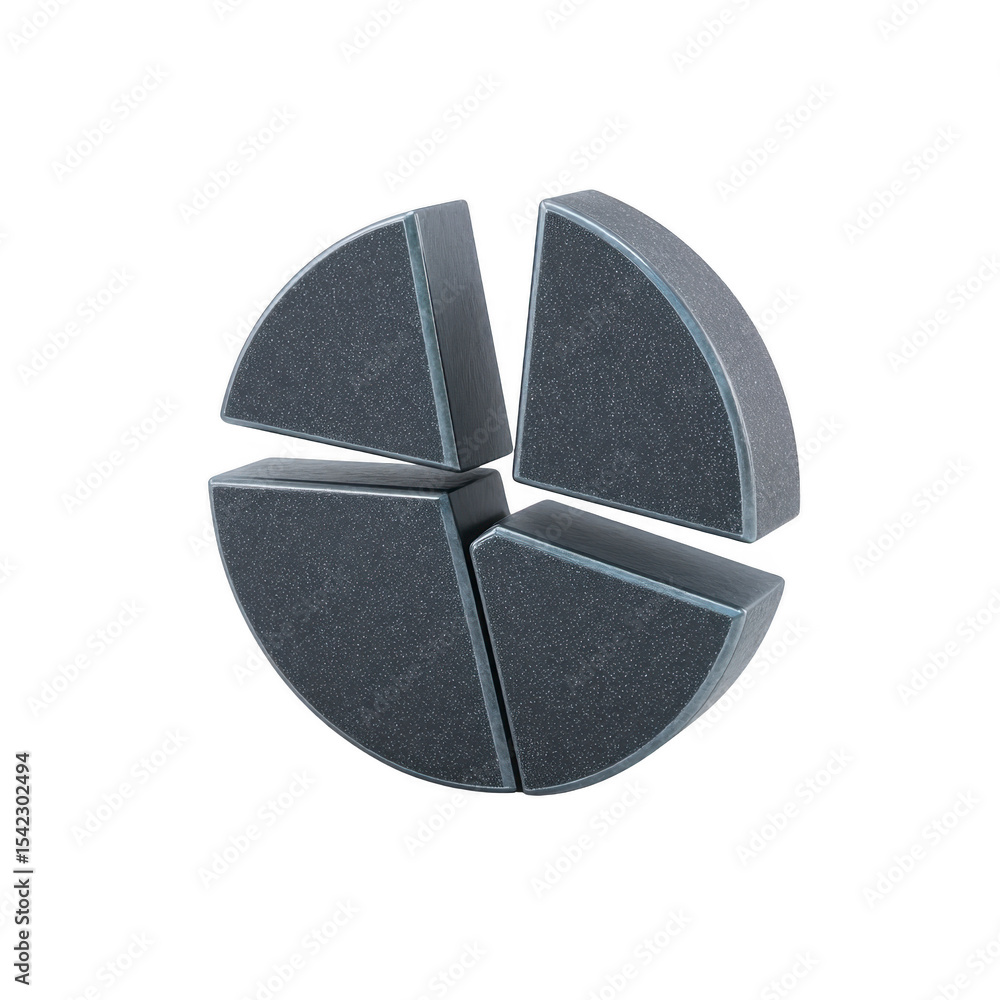 Poster 3d pie chart with four segments in metallic gray color, each piece separated to show division. chart
