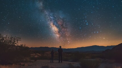 Two people stand together gazing at the beautiful night sky