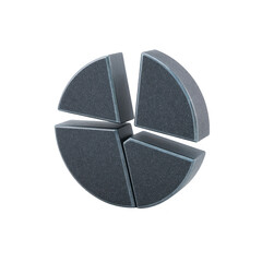 3D pie chart with four segments in metallic gray color, each piece separated to show division. chart is set against transparent background, ideal for business presentations