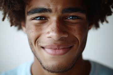 Obraz premium Closeup Portrait Of A Young Person With Freckles Smiling Gently