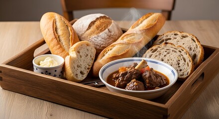 A rustic wooden tray holds a bowl of steaming lamb stew, surrounded by various bread