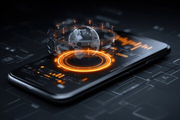 Futuristic smartphone with holographic globe interface