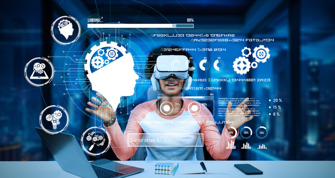 Smart african girl looking at AI technology hologram while using metadata. Academic student wearing casual cloth and VR headset while using augmented reality glasses. Technology innovation. Ingenuity.