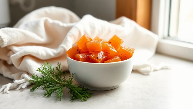 smoked salmon candy cozy kitchen scene ceramic bowl homestyle food gourmet snack natural window light lifestyle food fresh dill soft towel
