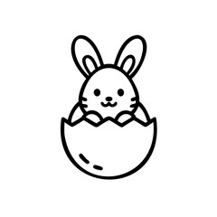 Cute Black Line Art Bunny Rabbit Emerging from Cracked Eggshell Easter Holiday Design Handmade Illustration