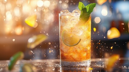 Refreshing cocktail in glass with ice and mint at vibrant bar during evening social gathering