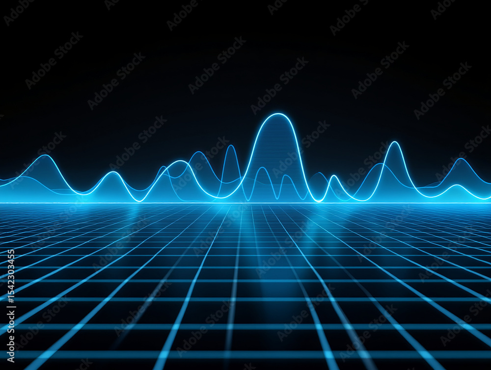Poster a futuristic blue grid with glowing waves on a black background creating a digital landscape view