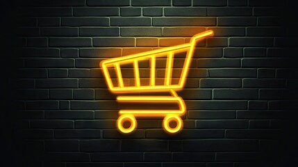 Neon shopping cart graphic against a brick wall.