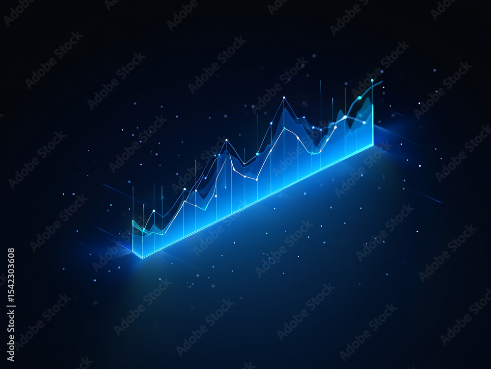 Poster isometric blue graph with upward trend and white data points floating on a dark blue background