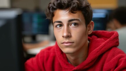 Young man in red hoodie engaged and focused in modern office setting - Powered by Adobe